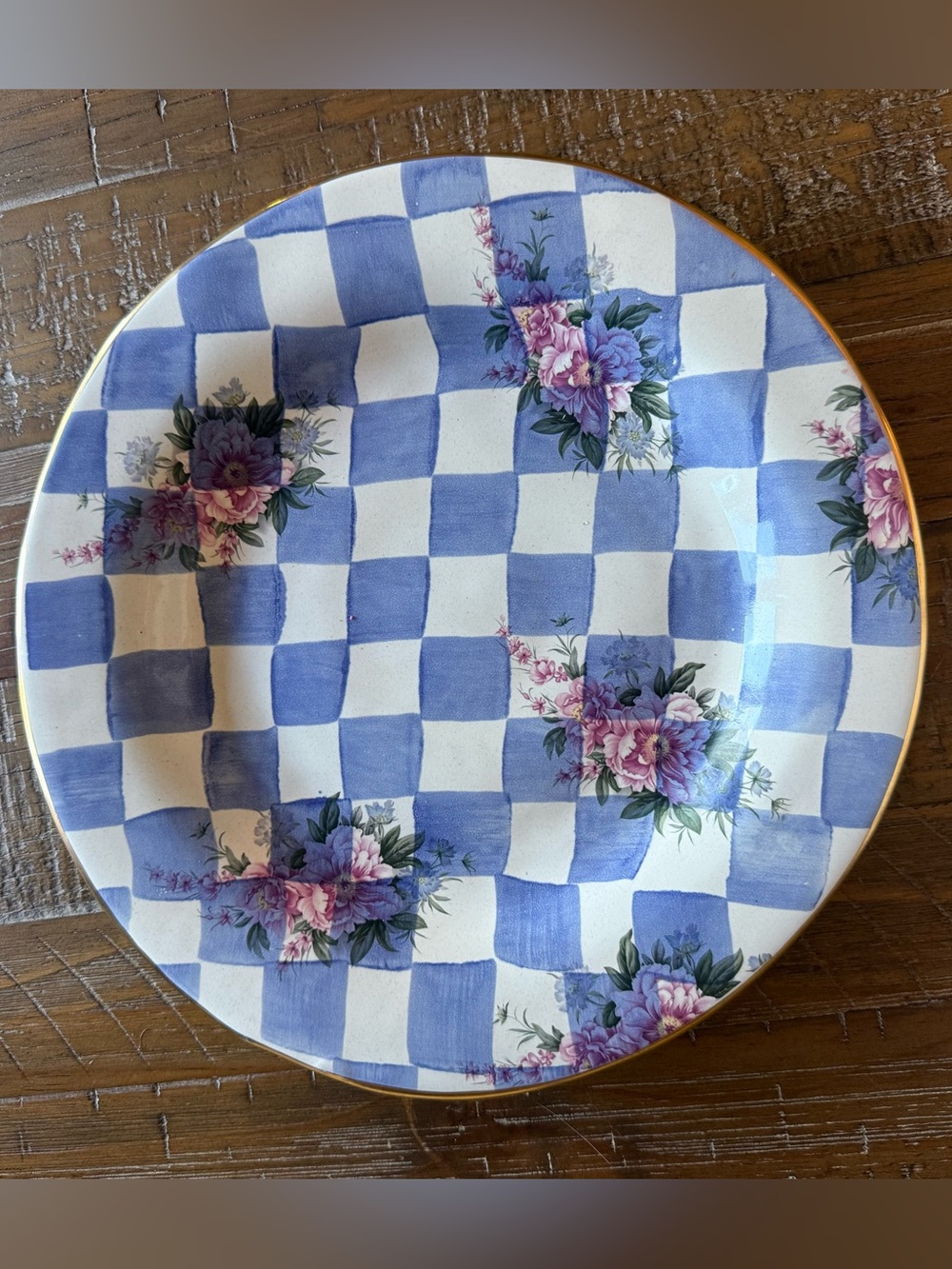 Blue Check Floral Dinner Plate with Gold Trim